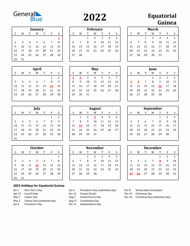 2022 Equatorial Guinea Holiday Calendar - Sunday Start