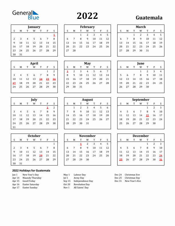 2022 Guatemala Holiday Calendar - Sunday Start