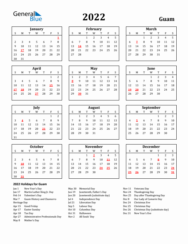 2022 Guam Holiday Calendar - Sunday Start