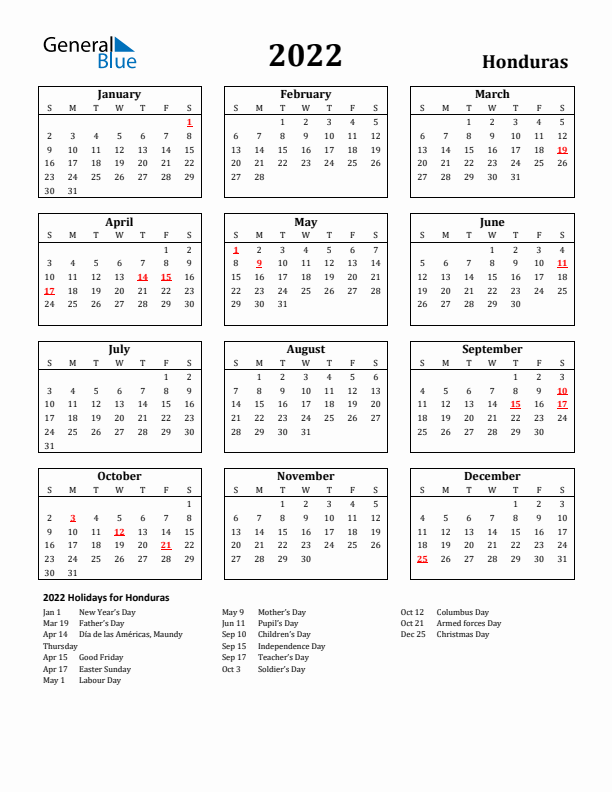 2022 Honduras Holiday Calendar - Sunday Start