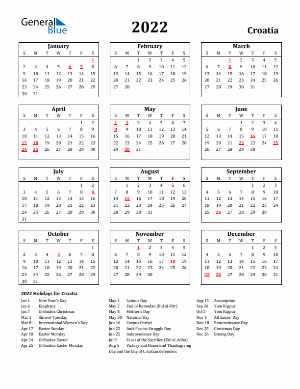 2022 Croatia Holiday Calendar - Sunday Start