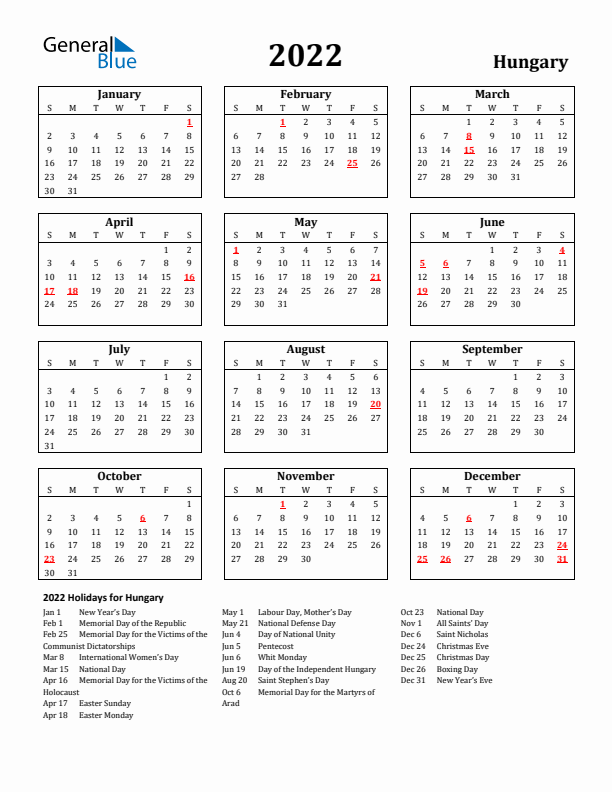 2022 Hungary Holiday Calendar - Sunday Start