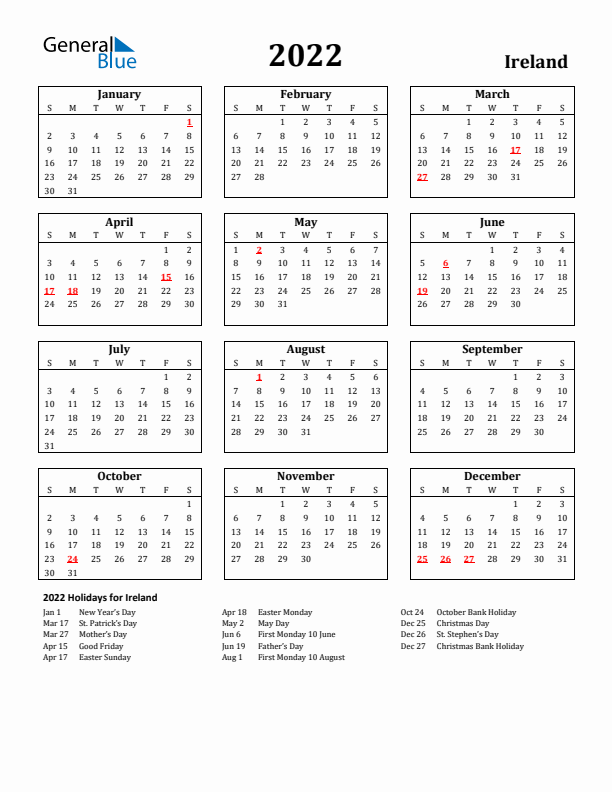 2022 Ireland Holiday Calendar - Sunday Start