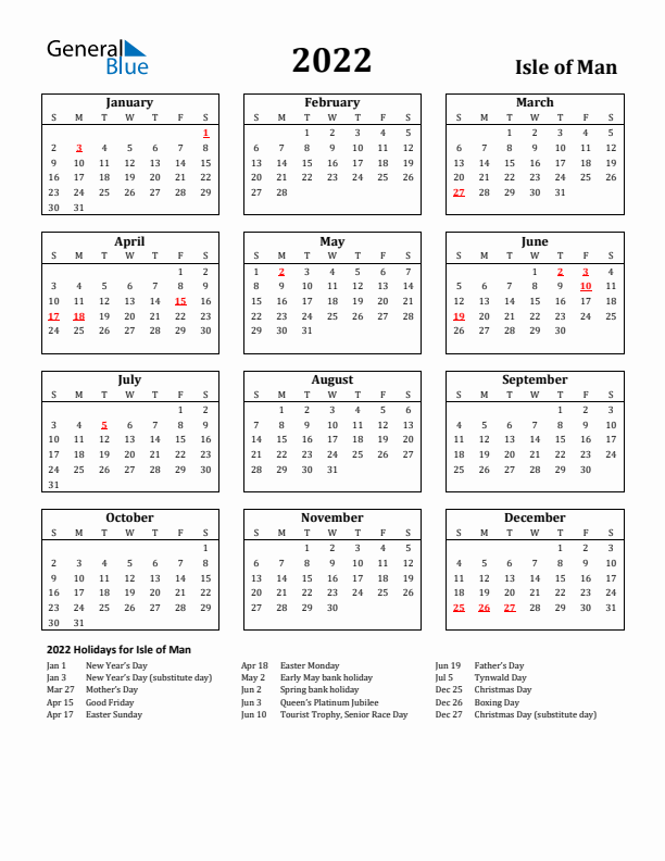 2022 Isle of Man Holiday Calendar - Sunday Start