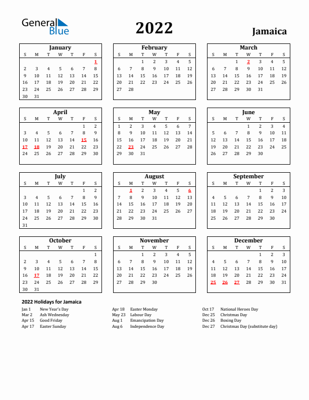 2022 Jamaica Holiday Calendar - Sunday Start