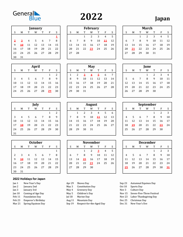2022 Japan Holiday Calendar - Sunday Start