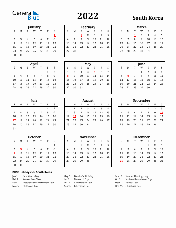 2022 South Korea Holiday Calendar - Sunday Start