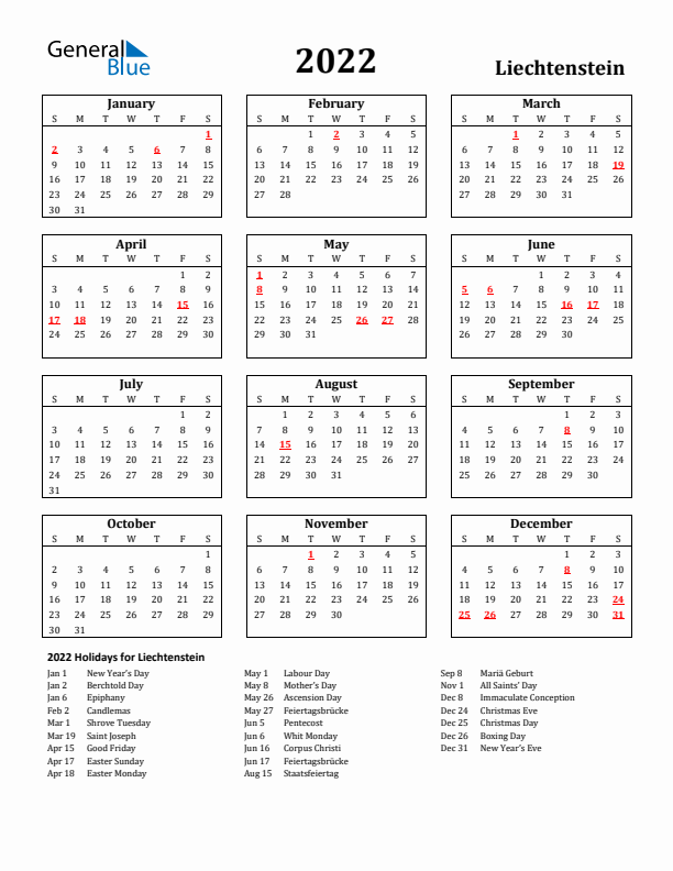 2022 Liechtenstein Holiday Calendar - Sunday Start