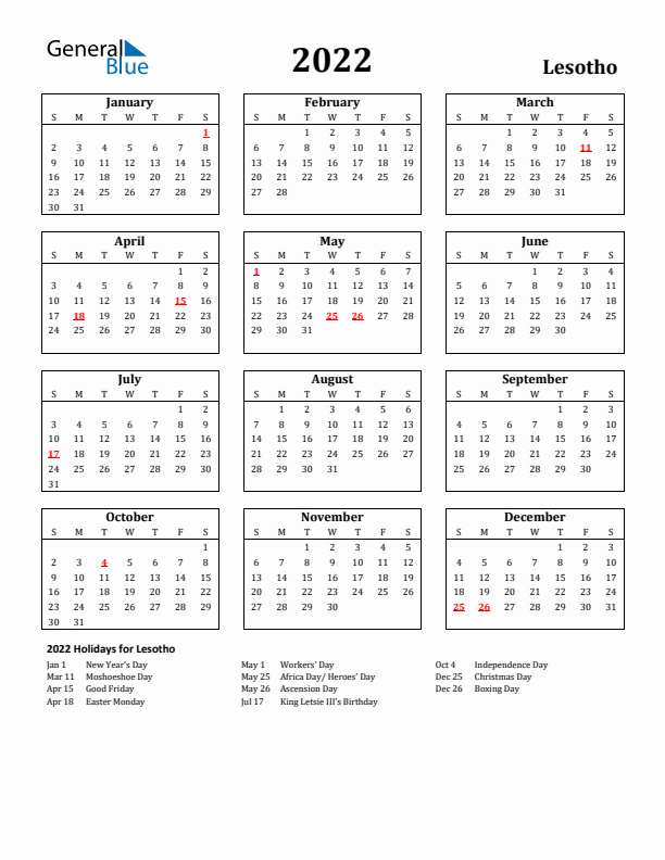 2022 Lesotho Holiday Calendar - Sunday Start