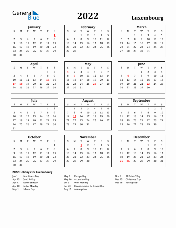 2022 Luxembourg Holiday Calendar - Sunday Start