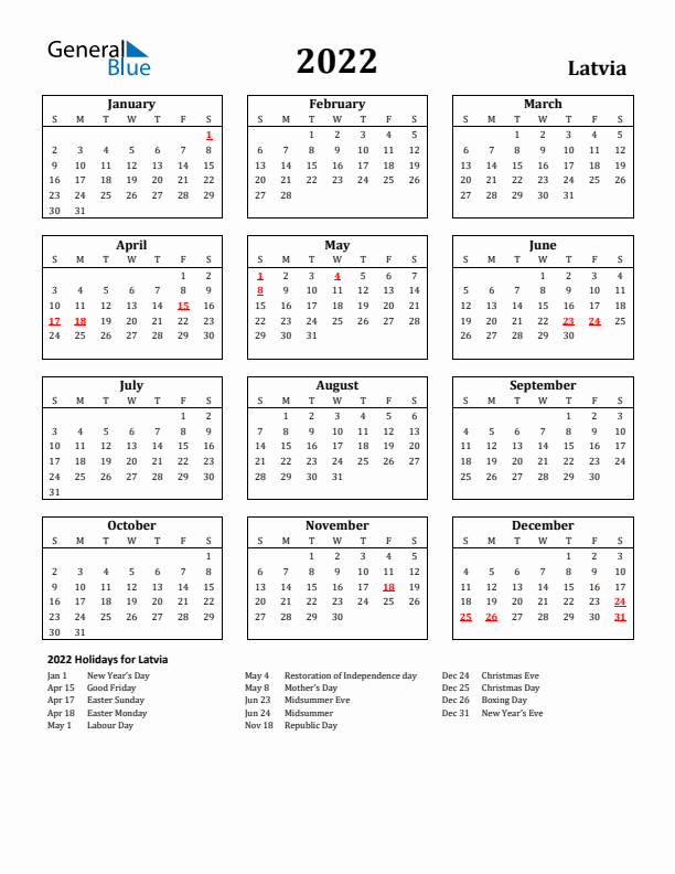 2022 Latvia Holiday Calendar - Sunday Start