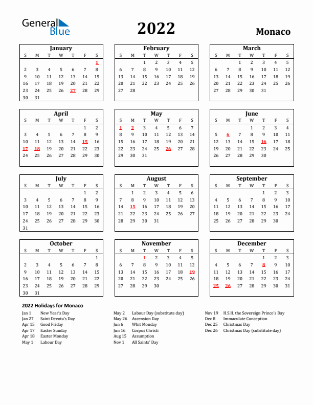 2022 Monaco Holiday Calendar - Sunday Start