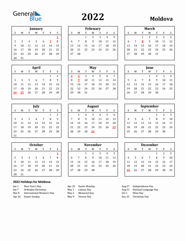 2022 Moldova Holiday Calendar - Sunday Start