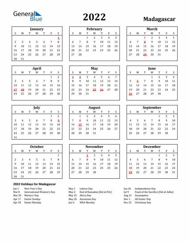 2022 Madagascar Holiday Calendar - Sunday Start