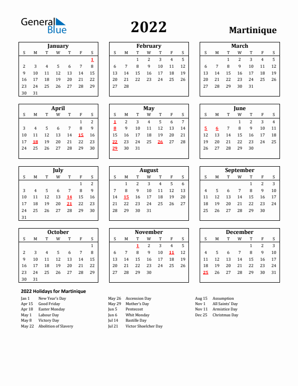 2022 Martinique Holiday Calendar - Sunday Start