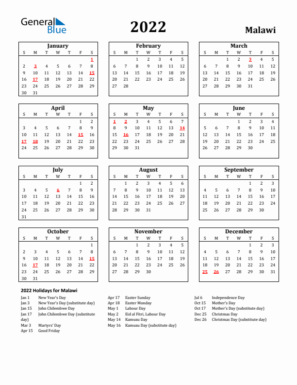 2022 Malawi Holiday Calendar - Sunday Start
