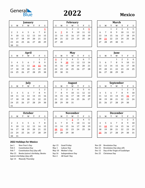 2022 Mexico Holiday Calendar - Sunday Start