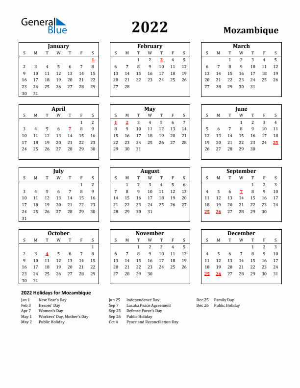 2022 Mozambique Holiday Calendar - Sunday Start