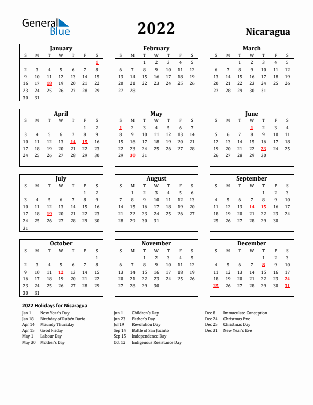 2022 Nicaragua Holiday Calendar - Sunday Start