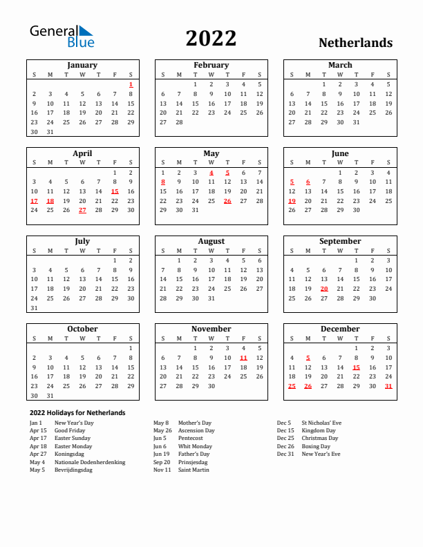 2022 The Netherlands Holiday Calendar - Sunday Start