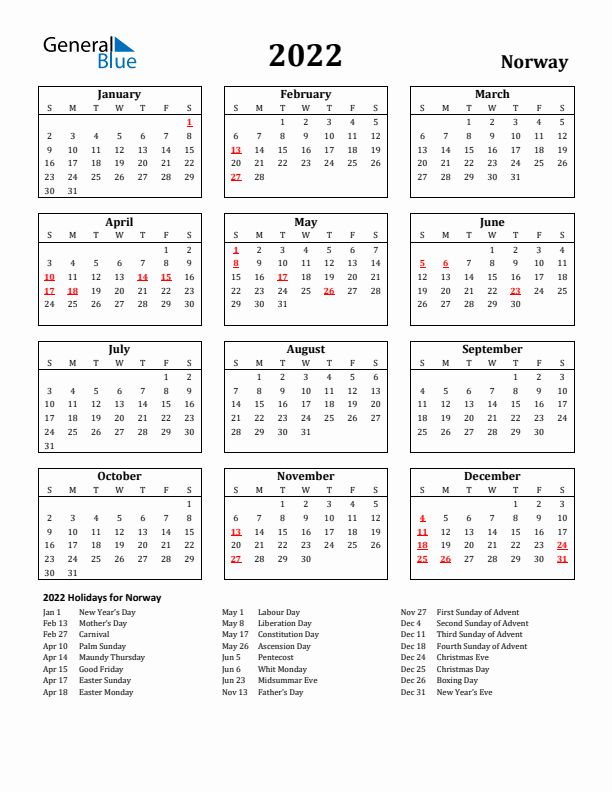 2022 Norway Holiday Calendar - Sunday Start