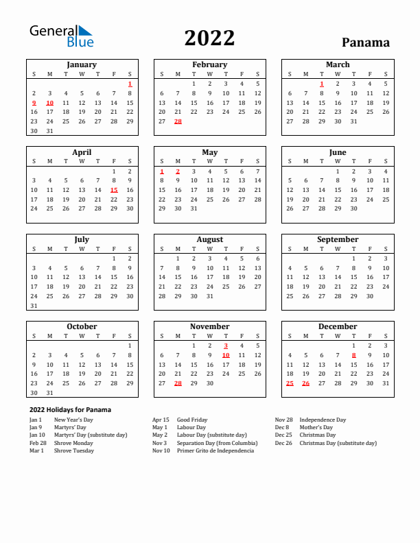 2022 Panama Holiday Calendar - Sunday Start