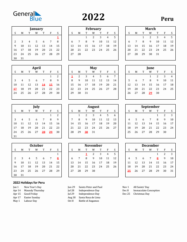 2022 Peru Holiday Calendar - Sunday Start