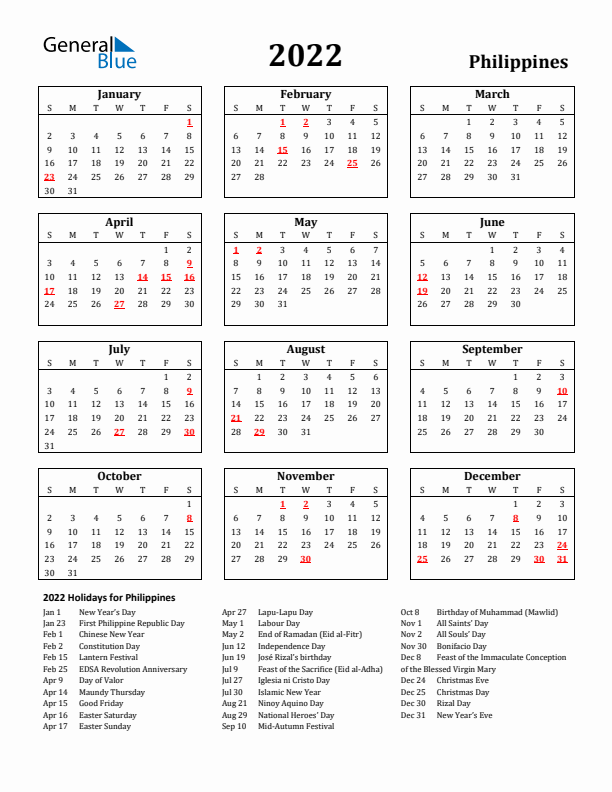 2022 Philippines Holiday Calendar - Sunday Start