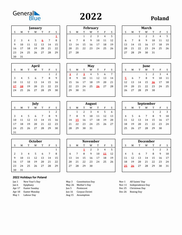 2022 Poland Holiday Calendar - Sunday Start