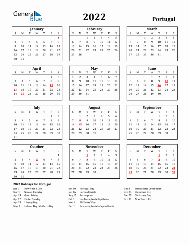 2022 Portugal Holiday Calendar - Sunday Start