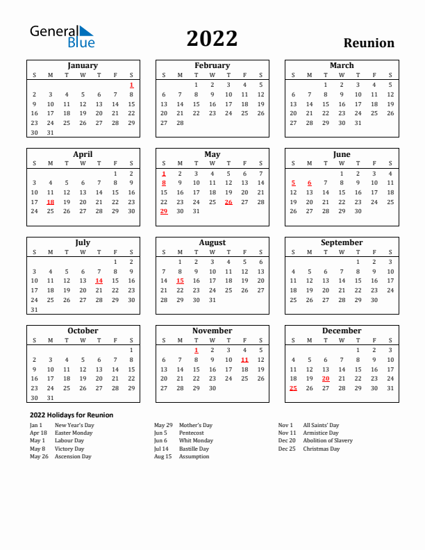 2022 Reunion Holiday Calendar - Sunday Start