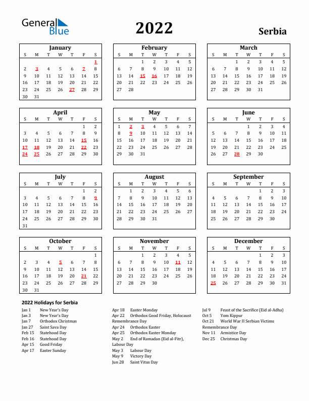 2022 Serbia Holiday Calendar - Sunday Start