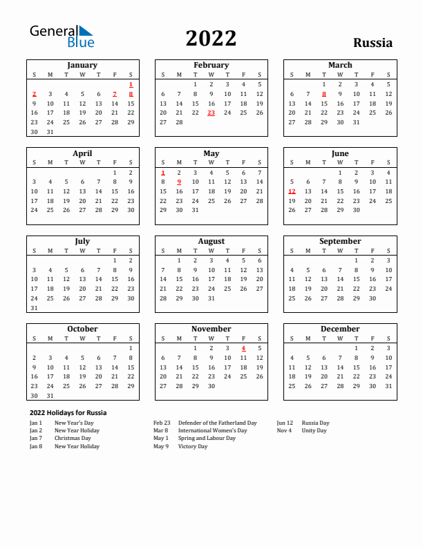 2022 Russia Holiday Calendar - Sunday Start