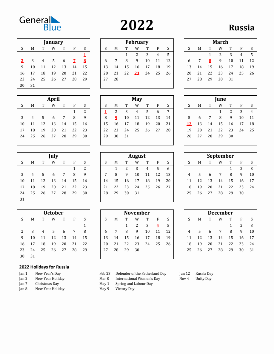 Free Printable 2022 Russia Holiday Calendar