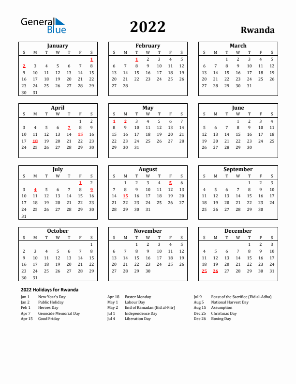 2022 Rwanda Holiday Calendar - Sunday Start