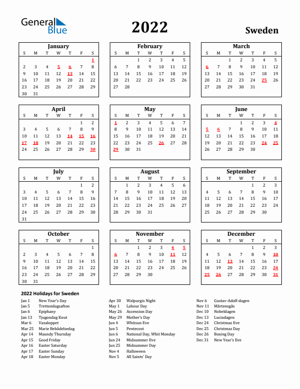 2022 Sweden Holiday Calendar - Sunday Start