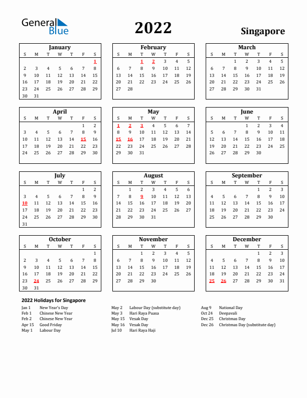 2022 Singapore Holiday Calendar - Sunday Start