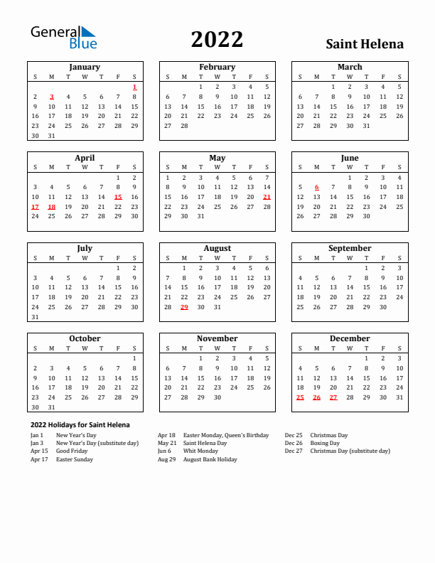 2022 Saint Helena Holiday Calendar - Sunday Start