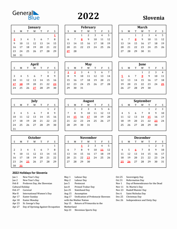 2022 Slovenia Holiday Calendar - Sunday Start