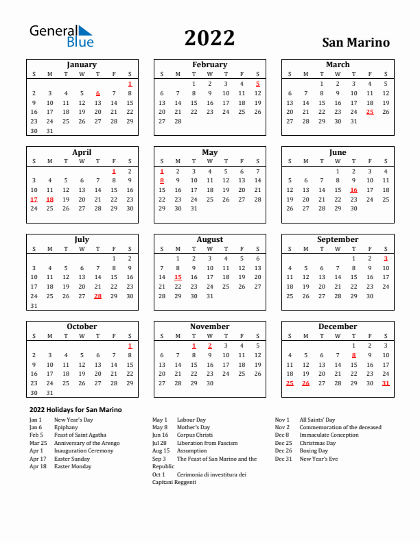 2022 San Marino Holiday Calendar - Sunday Start