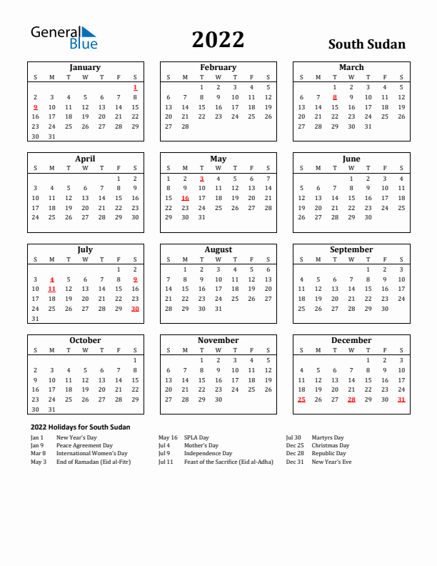 2022 South Sudan Holiday Calendar - Sunday Start