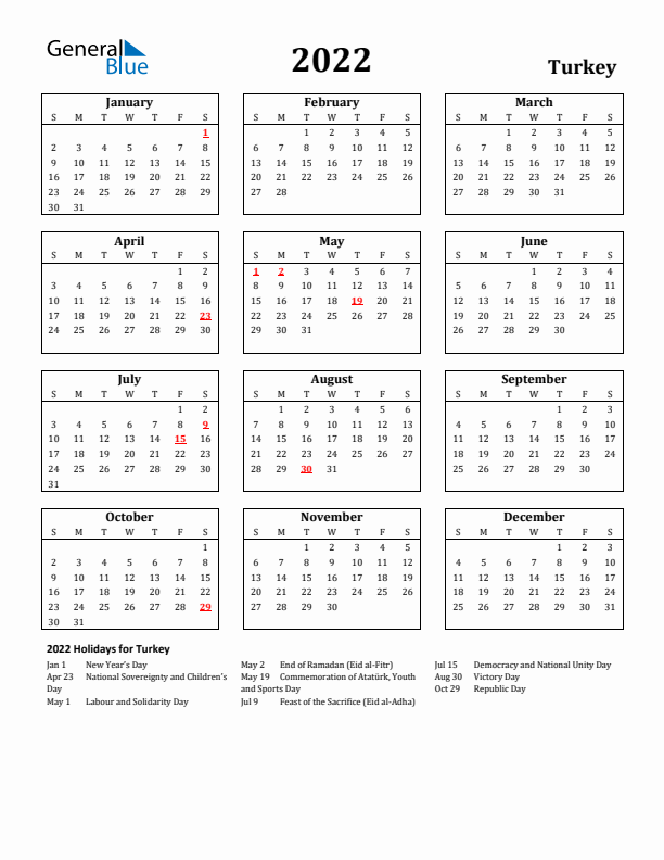 2022 Turkey Holiday Calendar - Sunday Start