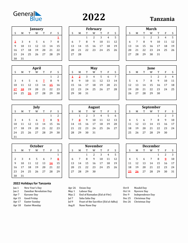 2022 Tanzania Holiday Calendar - Sunday Start
