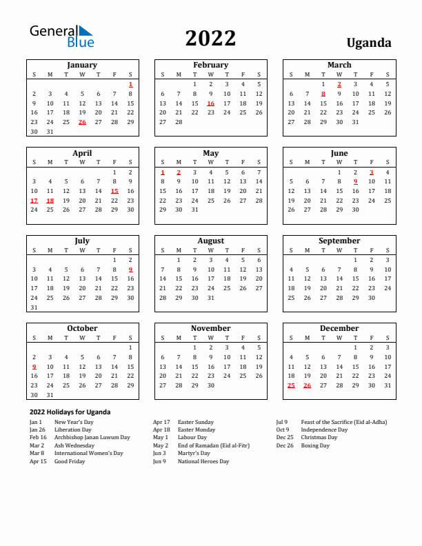 2022 Uganda Holiday Calendar - Sunday Start
