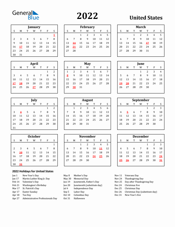 2022 United States Holiday Calendar - Sunday Start