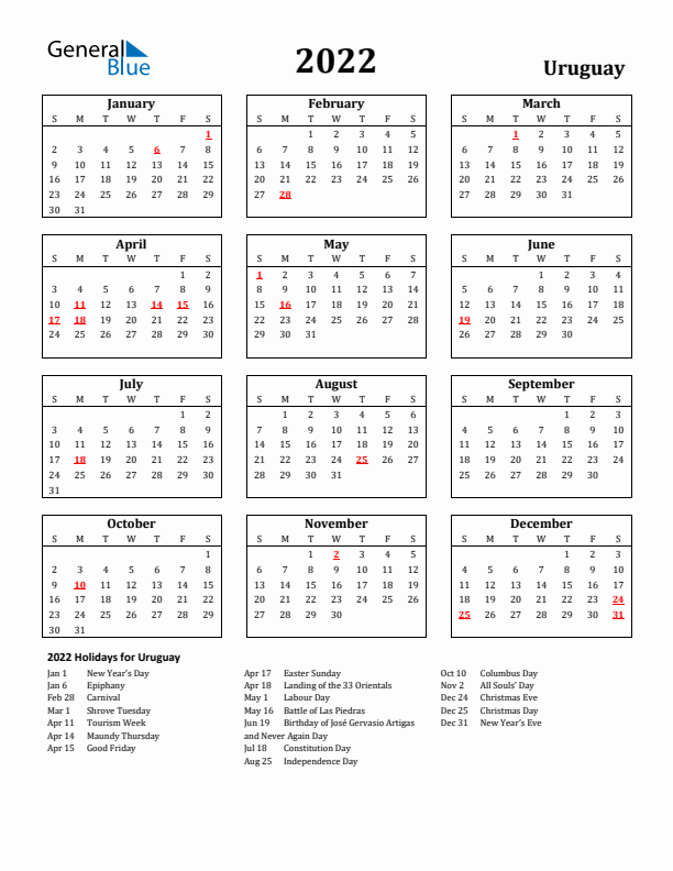 2022 Uruguay Holiday Calendar - Sunday Start