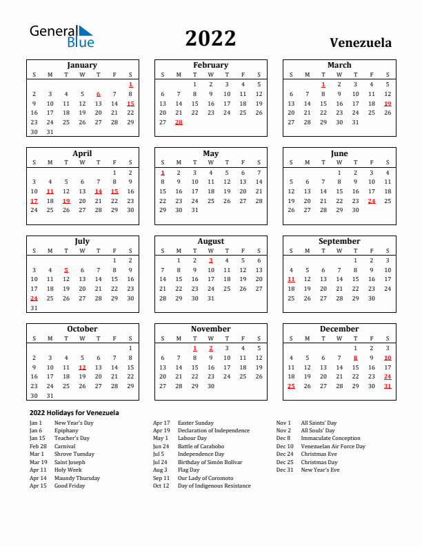 2022 Venezuela Holiday Calendar - Sunday Start