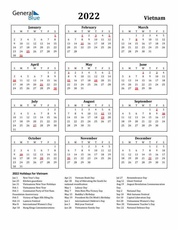 2022 Vietnam Holiday Calendar - Sunday Start