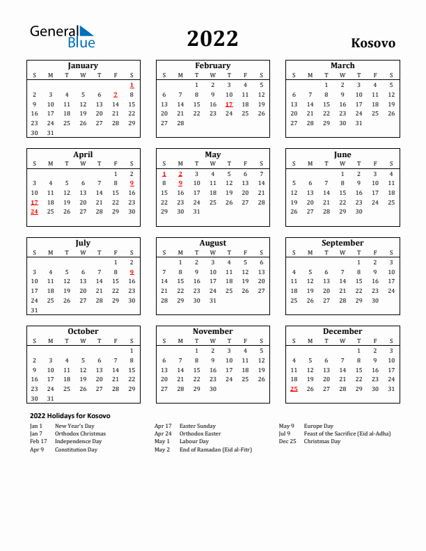 2022 Kosovo Holiday Calendar - Sunday Start