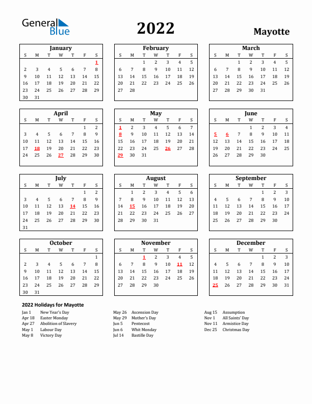 2022 Mayotte Holiday Calendar - Sunday Start